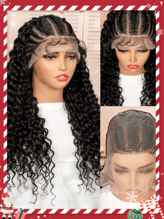 26inch Boho Style Full Lace Box Braid Wig With Curly Ends For Women - High Density Synthetic Hair, Knotless Braid Style, Perfect For Halloween, Christmas, Parties And Festivals