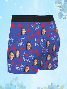 1pc Customized "I Love My Wife" & Explosive Photo Print Men's Underwear, Casual Boxer Briefs, Breathable Stretchy Boxer Shorts As Husband/Boyfriend Holiday/Valentine's Day Gift - Blue - View 2