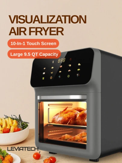 LEVIATECH قدر هواء ذكي سعة 9.5 كوارت، قلاية هواء كهربائية خالية من الزيت، فرن محمص منزلي، صانع خبز للمطبخ، فرن ميكروويف متعدد الوظائف، فرن بمروحة، مساعد ذكي، استمتع بالحياة، أجهزة المطبخ، الطهي، كهربائي، شاشة لمس، 10 وظائف