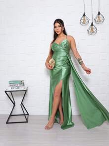 Women's Long Dress With Slit For Graduation, Party, Wedding, Bridesmaid, Or Guest - 薄荷綠 - 查看 1