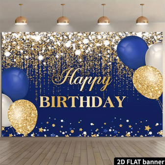 2D Flat 1pc Elegant Blue & Gold Birthday Backdrop With Shiny Gold Dots, Diamonds And Balloons, 2D Flat Polyester Party Decoration Suitable For 16th Birthday Party, Cake Table Banner, Photo Prop