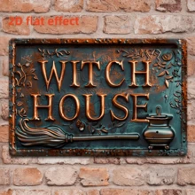 1pc 2D Vintage Witch House Iron Sign - Iron Wall Decor With Broom And Cauldron Design, Suitable For Halloween, Garage, Porch, Cafe, Bar, Man Cave, Living Room Or Garden Shop, Halloween Decoration - Multicolor - View 1