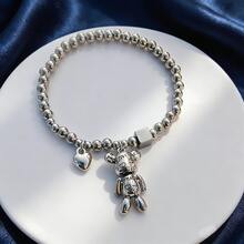 1pc Elastic Rope Teddy Bear & Heart Shaped Couple Bracelet, Suitable For Women's Daily Wear And Christmas Gift Valentines - Silver - View 9