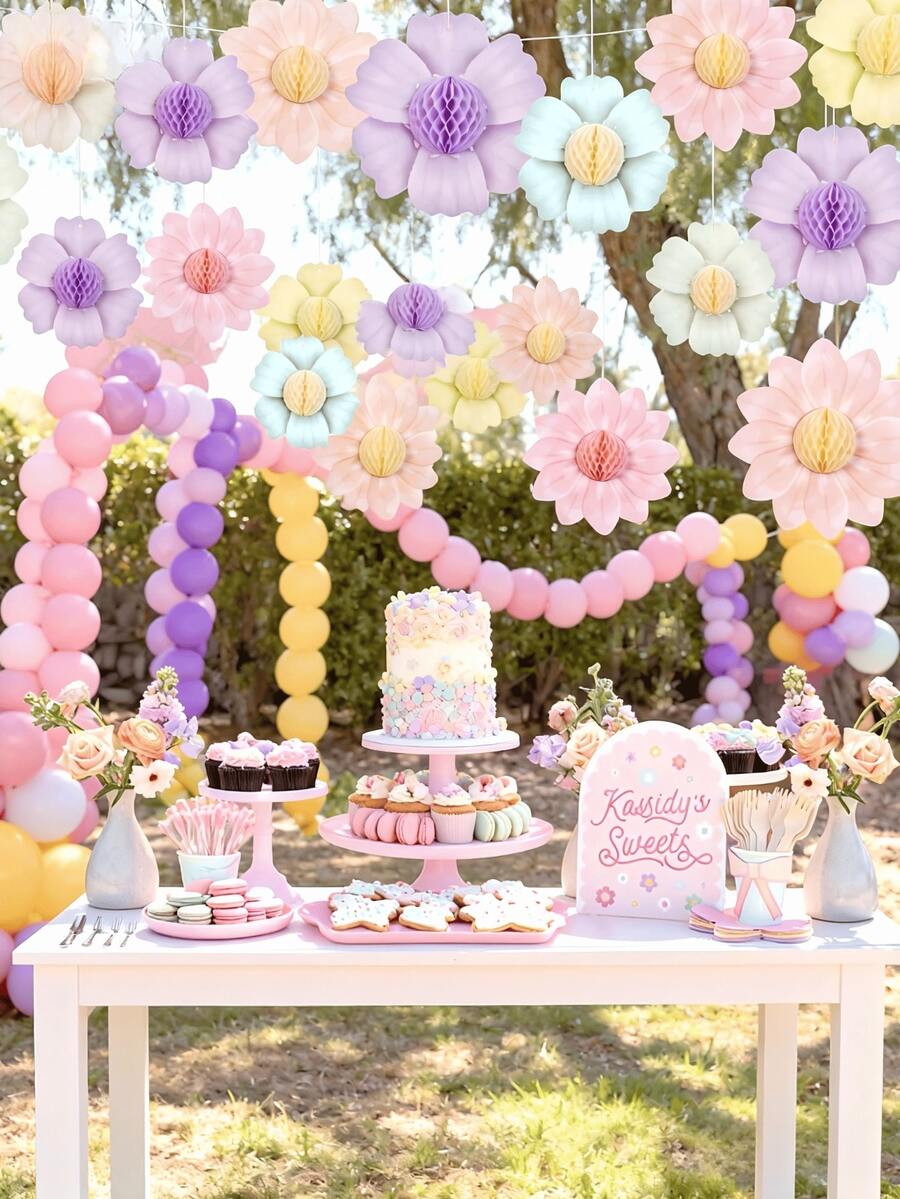 1 Set Spring Floral Honeycomb Hanging Decor, Hawaiian Party Decoration, Suitable For Birthday, Holiday, Wedding Decoration, Birthday Party Decor, Holiday Party Supplies, Wedding Party Decoration, Spring Colorful Flowers, Hawaiian Style, Honeycomb - Multicolor - View 1