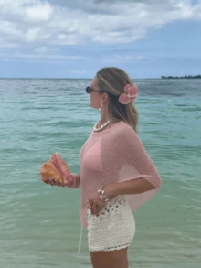 Women's Y2k Sheer Poncho Top, Lightweight Cover-Ups Crochet Shrug Bolero Mesh Knit,See-Through Off Shoulder Solid Irregular Knitted Loose Pullover,Batwing Sleeve Sweater Cover Up Beachwear,Boho Aesthetic Beach Going Out Streetwear,Spring To Summer Outfits,Rave Outfit,Concert Outfit,Summer Vacation Outfits - 粉色 - 查看 2