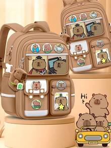 水豚儿童背包 - 可爱的小学生背包，符合人体工学的背部支撑，可调节肩带和顶部提手 - 棕色 - 查看 2