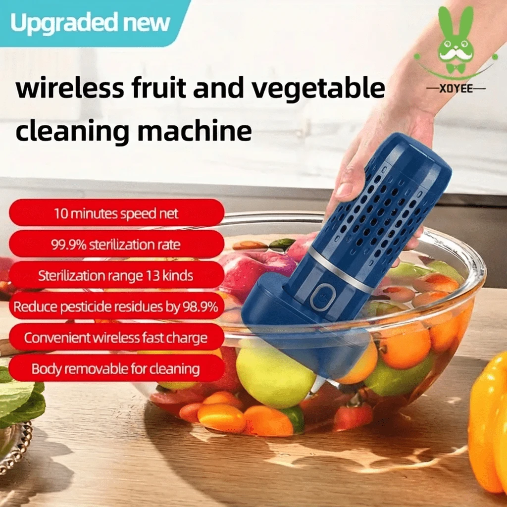 Limpiador inalámbrico inteligente USB para frutas y verduras, diseño compacto en cápsula, fácil de transportar y almacenar, material de plástico ABS, limpieza rápida de 5 minutos