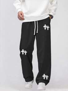 Skyrend 1pc Men's Cross Print Loose Casual Sports Pants, Drawstring Elastic Waistband, Street Style Loose Fit With Pockets Grunge - Black - View 3