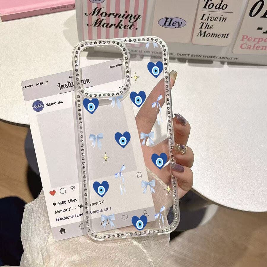 Blue Heart Evil Eye Bow Pattern, suitable for smartphone cases, compatible with Apple 17Pro, 17Promax, 12ProMax, 13ProMax, Apple 16, Apple 15ProMax, Apple 11Pro, Apple 14Plus, and Apple 16E. - transparente - Ver 1