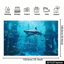 1 pieza de fondo fotográfico plano 2D de mundo submarino con tiburón para fiesta de cumpleaños, decoración de banner, decoración multiusos, regalo festivo, material de poliéster, sin necesidad de energía eléctrica. - Celeste - Ver 6