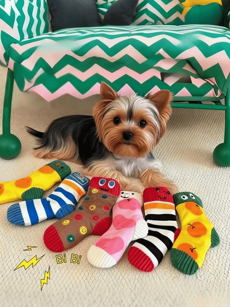 1件卡通袜子玩具，食物玩具，发声玩具，咀嚼玩具，慢食玩具，宠物玩具，宠物用品，猫狗互动玩具，快乐狗狗玩具 - 彩色 - 查看 1