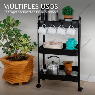 带轮双扶手手推车式储物架 多层零食架 可移动厨房落地储物架