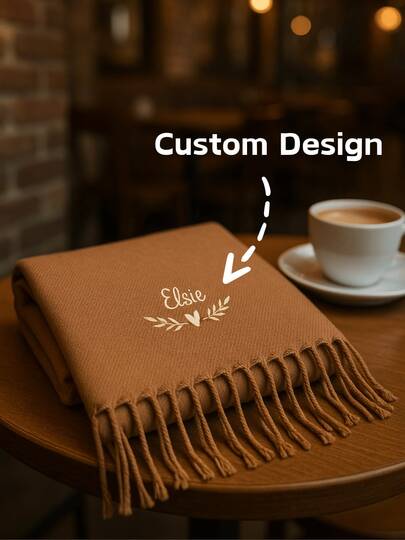 1pc Personalized Embroidered Scarf, Customizable Name Text, Soft Winter Shawl, Multiple Thread Colors & Scarf Styles Available, Comfortable & Fashionable Accessory, Featuring Heart-Shaped Leaf Pattern, Suitable For Commuting & Daily Use In Autumn/Winter, Long Tassel Design, Unisex, Perfect For Christmas Gifts, Halloween Costumes, Festivals, Outdoor Travel, Birthday Gifts, Thanksgiving And Various Celebrations