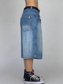 Women's Oversized High-Waisted Denim Cargo Shorts Light Wash Baggy Knee-Length Jean Shorts - 淺藍色 - 查看 5