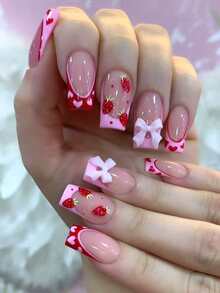 24片装短方形情人节红色心形草莓图案美甲贴片，亚克力假指甲，适合日常佩戴的美甲用品 - 彩色 - 查看 1