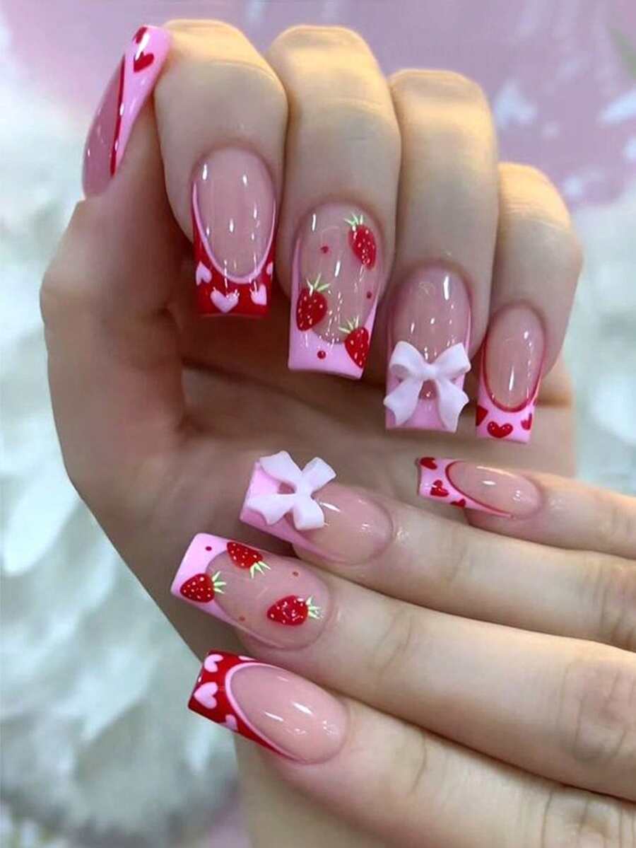 24片装短方形情人节红色心形草莓图案美甲贴片，亚克力假指甲，适合日常佩戴的美甲用品 - 彩色 - 查看 1