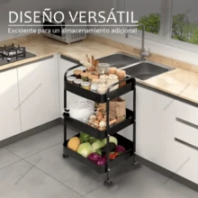 Rollwagen Aufbewahrungsregal mit doppelten Armlehnen und Rädern, mehrstöckiges Snack-Regal, bewegliches Küchen-Bodenspeicherregal - Schwarz - Übersicht 2