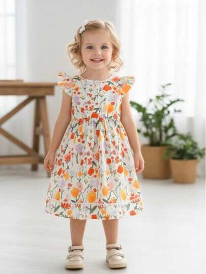 Young Girls' Floral Print Cap Sleeve Dress, Waist Cinched Design With Ruffle Hem, Children's Pastoral Sweet Princess Dress, Spring/Summer