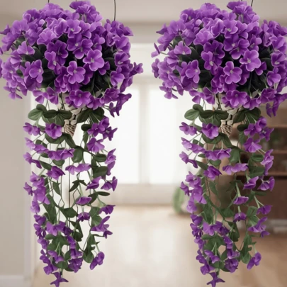 2pcs Simulation Wisteria Flower False Hanging Plant - Realistic Outdoor/Indoor Plastic Vines With Bright Pink, Purple, And Red Flowers, Dense Green Leaves, Suitable For Weddings, Gardens, Terraces, Porches, And Home Decoration - Low Maintenance Decoration All Year Round