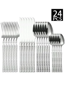 4/16/24件套不锈钢刀叉勺甜点勺套装，适合家庭聚会、酒店、婚礼、纪念品等场合。 - 銀色 - 查看 6