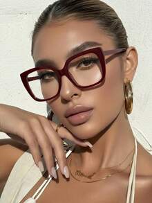 1 Cặp kính nữ gọng vuông màu đỏ tía, kiểu dáng tối giản cổ điển, tròng kính trong suốt, thích hợp đeo hàng ngày. - Màu Đỏ Sâu - Xem 1