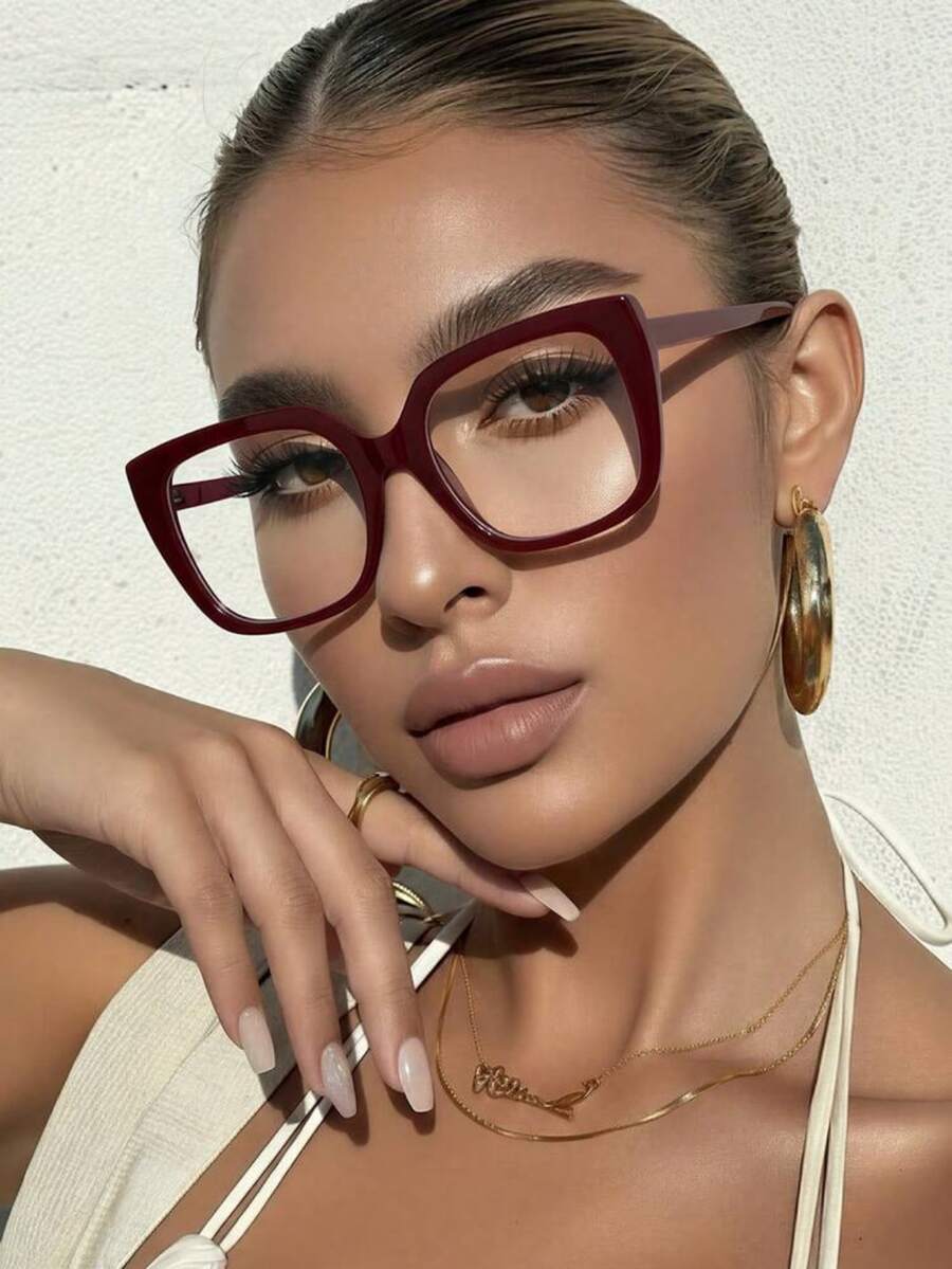 1 Cặp kính nữ gọng vuông màu đỏ tía, kiểu dáng tối giản cổ điển, tròng kính trong suốt, thích hợp đeo hàng ngày. - Màu Đỏ Sâu - Xem 1