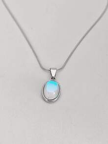 1件优雅椭圆形月光石吊坠项链，适合女性作为度假、圣诞节、情人节珠宝礼物 - 復古銀色 - 查看 4