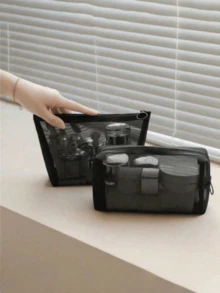 1pc/3pcs Portable Mesh Makeup Bag, Multi-Functional And Simple Makeup Storage Bag,Mesh Cosmetic Bag ,Portable Travel Organizing Zipper Pouch ,Toiletries Makeup PouchesFor Home,Office,Travel Accessories - Black - View 3