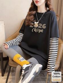 女士纯棉长袖T恤，2026印花二合一圆领基础款上衣，秋冬款 - 黑色 - 查看 2