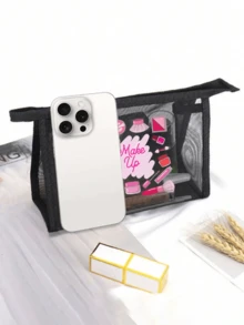 Multifunctional Mesh Cosmetic Bag With Pink Cosmetics, Nail Polish And Makeup Sponge Pattern Makeup Bag Make Up Organizer Toiletry Travel Bag - Multicolor - View 7