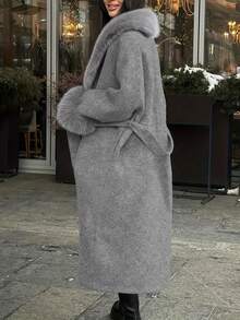 Elegant Women's Wool Blend Overcoat With Faux Fur Collar And Cuffs, Autumn/Winter - Grey - View 10