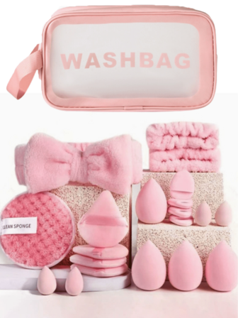21pcs Facial Care Set Includes Waterproof Toiletry Bag + 8 Makeup Sponges (8 Teardrop/Round/Cone) | Waterproof Wrist Bands 1 Pair + Bow Headband | Tiered Storage Design | Cleansing & Hair Wrap