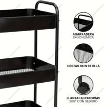 Rollwagen Aufbewahrungsregal mit doppelten Armlehnen und Rädern, mehrstöckiges Snack-Regal, bewegliches Küchen-Bodenspeicherregal - Schwarz - Übersicht 4