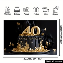 2D flacher 40. Geburtstag Banner Hintergrund, Schwarz & Gold 40. Geburtstag Kuchen Banner Hintergrund, 40. Geburtstags Party Fotografie Kulisse, 40. Alles Gute zum Geburtstag Banner, 40. perfekte Geburtstags Dekoration - Schwarz - Übersicht 6