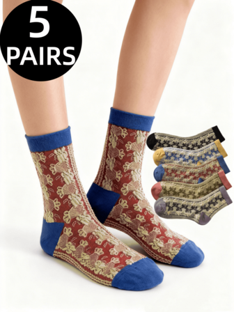 1 par/5 pares Calcetines de media caña de estilo vintage para mujer con estampado floral en relieve 3D, de nicho dulce, calcetines casuales bohemios lindos, para todas las estaciones