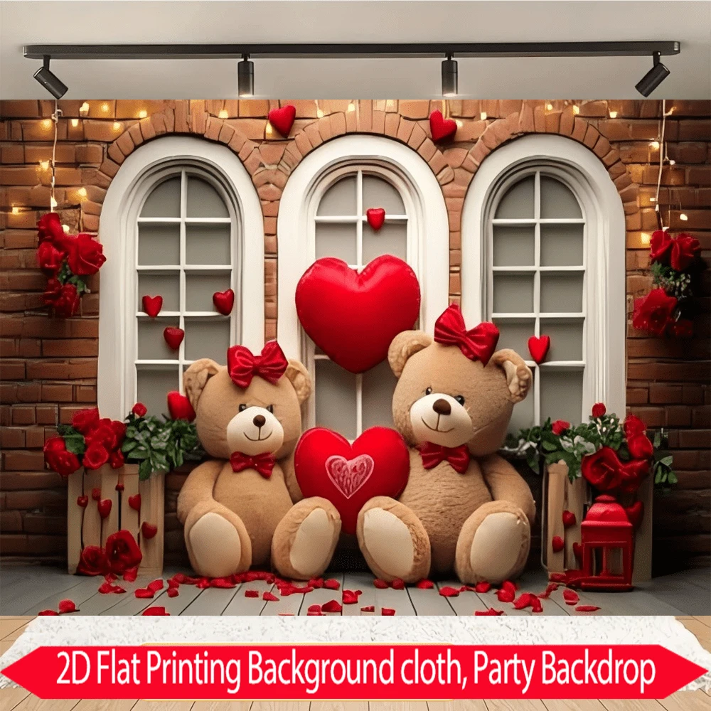 1 chiếc banner lãng mạn ngày Valentine với thiết kế hình gấu, trái tim và nền tường gạch, chất liệu vải polyester, thích hợp cho các bữa tiệc, sân vườn, trang trí nhà cửa, các dịp lễ hội, đám cưới, ngày tỏ tình và trang trí phông nền chụp ảnh. - Nhiều màu - Xem 1