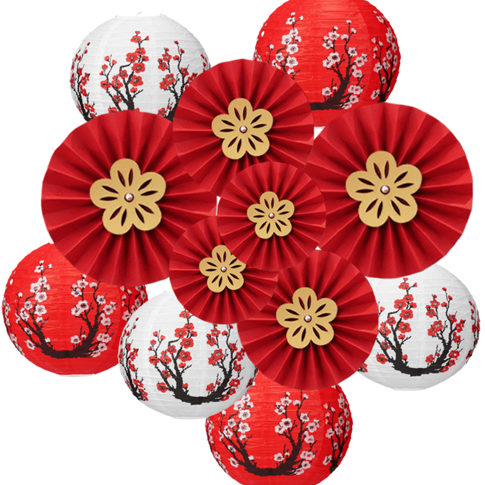 12个装中国新年灯笼装饰品，中国纸灯笼，红白梅花灯笼，樱花纸灯笼