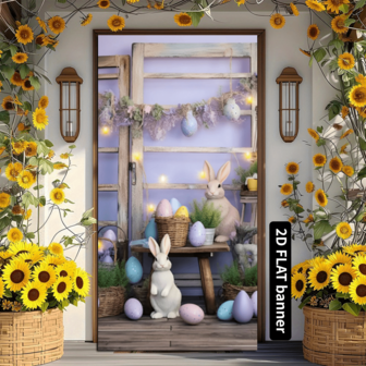 1 Piece Of 177.8x88.9 Cm Easter Pie Door Cover Background, Spring Easter Bunny, Colorful Eggs And Green Grass Courtyard Door Banner Background Rabbit Easter Egg Hunt Game Supplies, Easter Pie Door Background Decoration