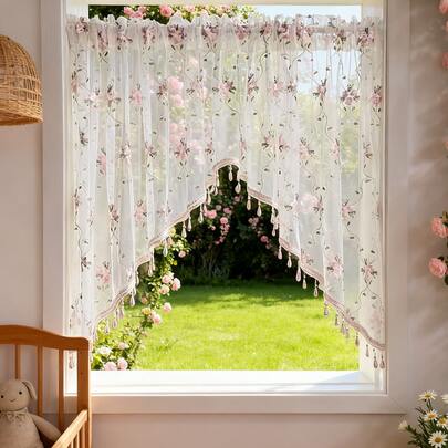 1pc Pink Floral Embroidered Lace Curtain With Beads Arched Shape Doorway Curtain Valance For Bedroom Kitchen Bathroom Rod Pocket Top