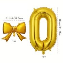 2个/套 32英寸粉色数字造型铝箔气球，带哑光蝴蝶结装饰，适用于生日派对、婚礼、户外活动、周年纪念、节日、感恩节、丰收季、情人节、圣诞节、派对庆典氛围营造和背景装饰 - 金色 - 查看 6