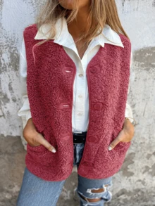 Plus Size Women Elegant Casual Front Button Pocket Vest Jacket, Suitable For Daily Commute - Hot Pink - View 1
