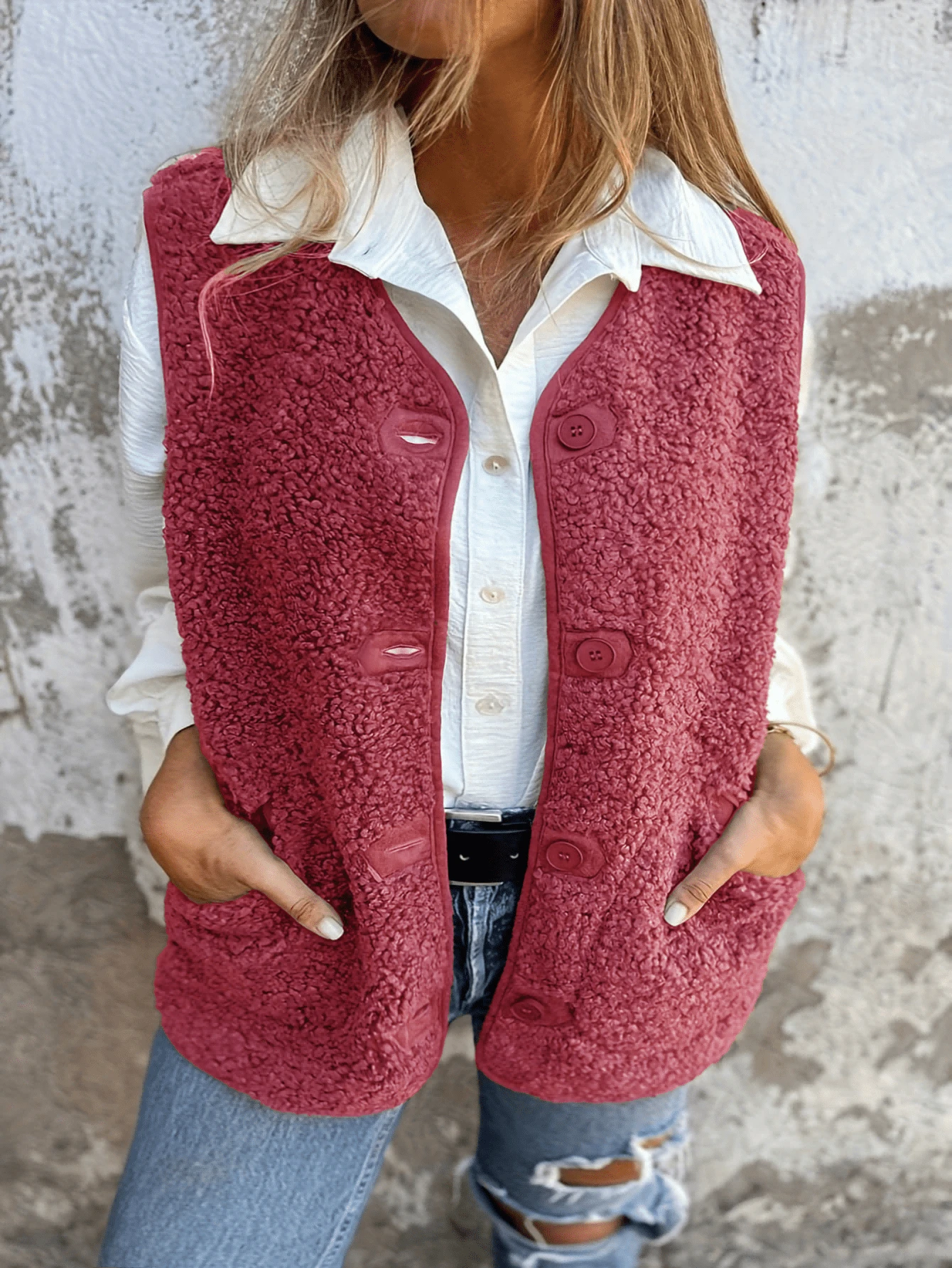Plus Size Women Elegant Casual Front Button Pocket Vest Jacket, Suitable For Daily Commute - Hot Pink - View 1
