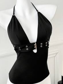 Luna Muse 女士春夏新款黑色吊带露脐上衣，性感深V金属扣腰带设计，Y2K 性感风，朋克塑形胸衣，短款吊带衫，优雅高端，适合日常、休闲、派对、度假、约会、街头、演出、户外、返校、哥特风等场合，2026春夏新款，音乐节、情人节、毕业季、派对装扮，性感风，显瘦塑形。 - 黑色 - 查看 2