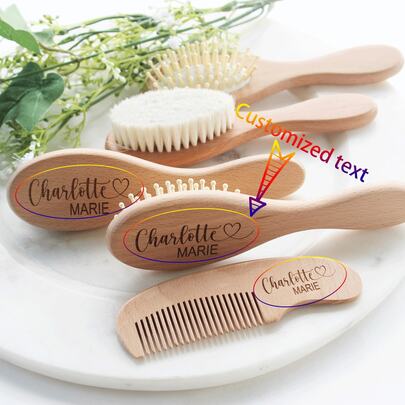 Set de 3 cepillos de madera personalizados para el cabello del bebé, regalo de baño del bebé con nombre, regalo de recuerdo del bebé con cepillo y peine personalizados
