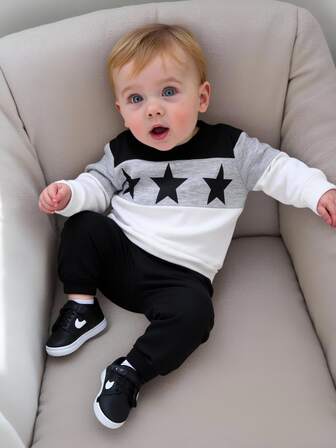 2 Adet/Takım Erkek Çocuk Günlük Renk Bloklu Yuvarlak Yaka Uzun Kollu Yıldız Baskılı Sweatshirt ve Pantolon Takımı, İlkbahar/Sonbahar