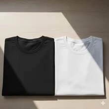 Set Of 2 Basic Men's, Women's, And Unisex T-Shirts, 100% Cotton, Round Neck, 30.1 Yarn, High Quality Blouse - Đen và trắng - Xem 2