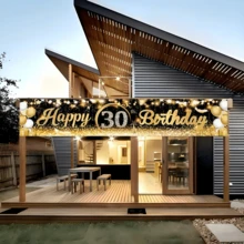1pc 30th Black Gold Balloon Birthday Backdrop Banner With Sparkling Stars, Golden Balloons, 30th Design, Suitable For Party Decoration, Patio, Garden, Living Room Decoration, Photo Booth Shooting Prop, Bridal Shower, Wedding, Anniversary