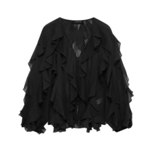 Women's Elegant Semi-Transparent Chiffon Ruffle Hem Blouse, Fashionable V-Neck Long Sleeve Spring Top Black - Black - View 2