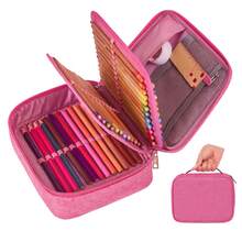Large Capacity Jumbo School Pencil Case With Dividers, Waterproof, With Handle And Elastic Bands, Holds 72 Pens And Pencils, Nylon Material, Suitable For Men, Women, Women, And Youth, With Zipper, Reinforced Design. - 粉色 - 查看 1