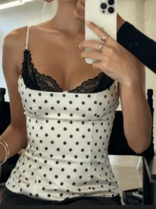 Women's Dots Print Cami Tops Sleeveless Spaghetti Strap Scoop Neck Camisole Summer Shirt - 白色 - 查看 1